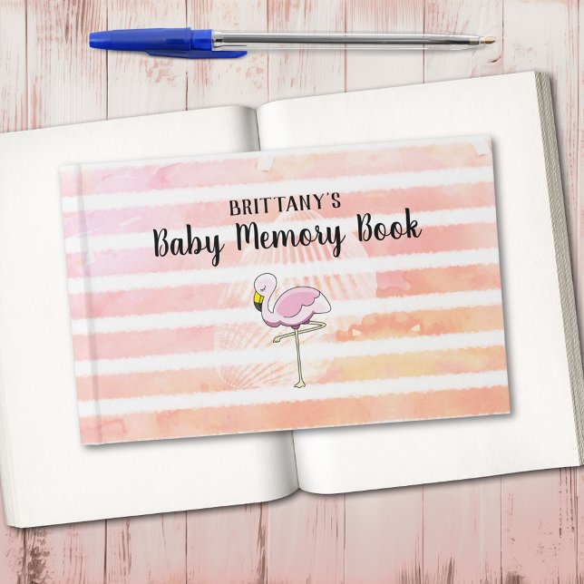 Coral Peach Striped Flamingo Baby Memory Book (Creator Uploaded)
