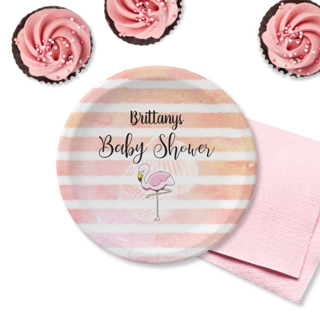 Coral Peach Striped Flamingo Baby Shower Paper Plates (Creator Uploaded)