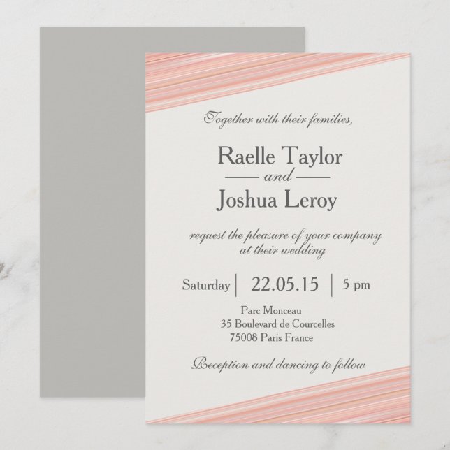 Coral peach stripes white gray wedding invitation (Front/Back)