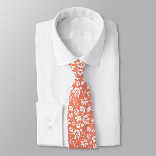 Coral Peach Tropical Flowers Neck Tie