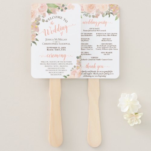 Coral Peach Watercolor Floral Boho Wedding Program Hand Fan