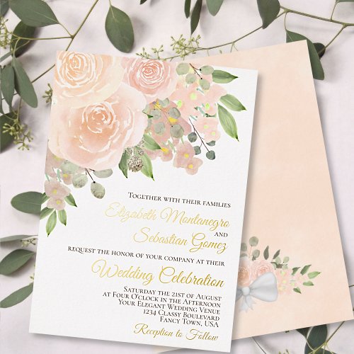 Coral Peach Watercolor Floral Elegant Wedding Foil Invitation