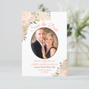 Coral Peach Watercolor Floral Oval Photo Wedding  Save The Date