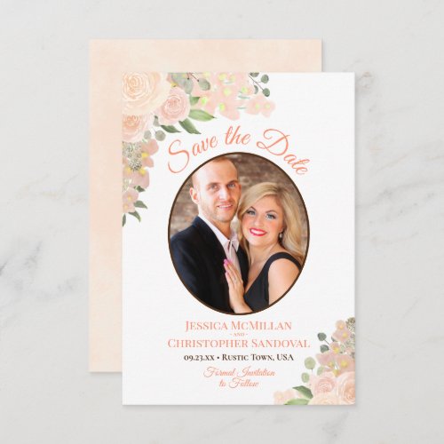 Coral Peach Watercolor Floral Oval Photo Wedding  Save The Date