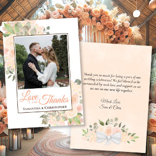 Coral Peach Watercolor Floral Photo & Note Wedding Thank You Card