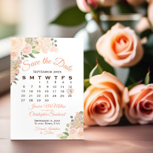 Coral Peach Watercolor Floral Wedding Calendar Save The Date