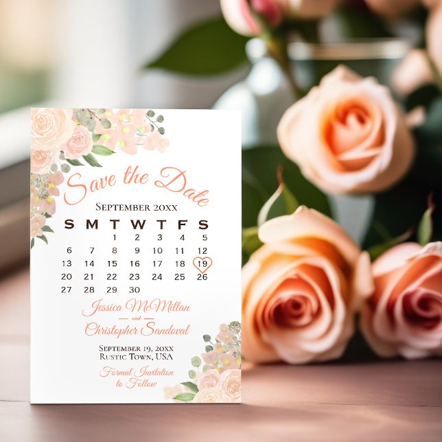 Coral Peach Watercolor Floral Wedding Calendar Save The Date (Creator Uploaded)