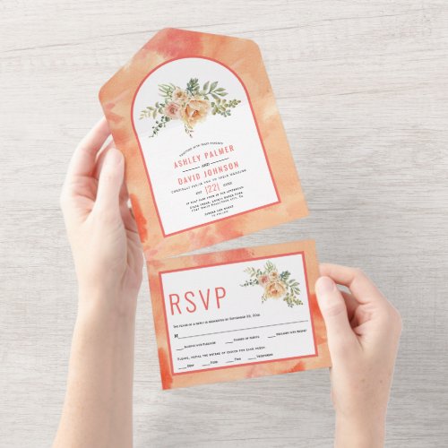 Coral peach watercolor flowers and arch wedding  a all in one invitation