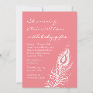 Coral Peacock Feathers Baby Shower Invitation