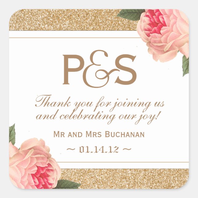 Coral Peonie and Gold Glitter Favor Stickers (Front)