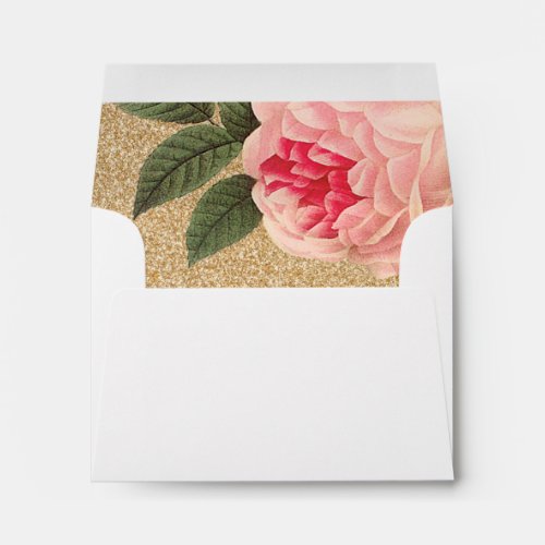 Coral Peonie and Gold Glitter Wedding Envelopes