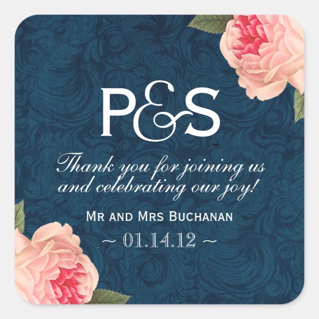 Coral Peonie and Navy Favor Stickers (Front)