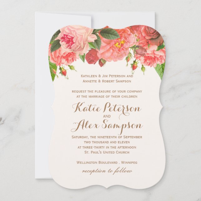 Coral Peonie on Gold Glitter Wedding Invitation (Front)