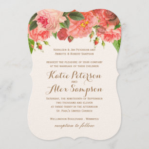 Coral Peonie on Gold Glitter Wedding Invitation