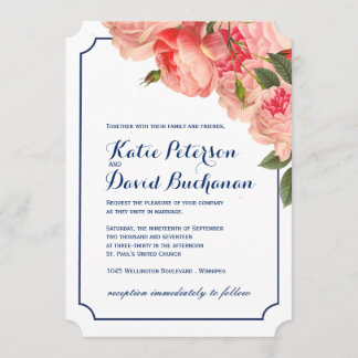 Coral Peonie on Navy Wedding Invitation