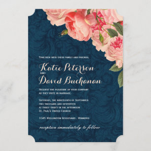 Coral Peonie on Navy Wedding Invitation