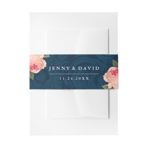 Coral Peonies and Navy Blue Belly Bands Invitation Belly Band