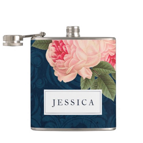 Coral Peonies and Navy Feathers Bridesmaid Flask