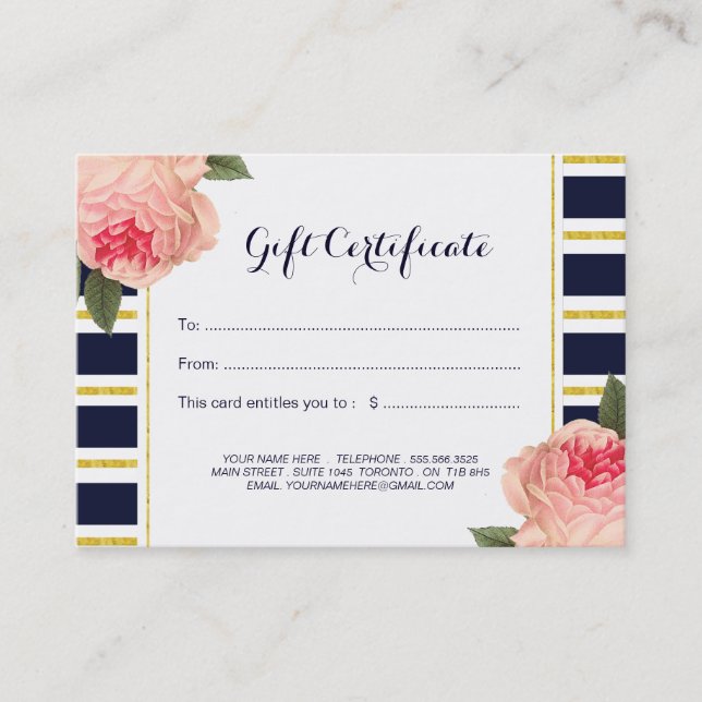 Coral Peonies and Navy Stripes Gift Certificate (Front)