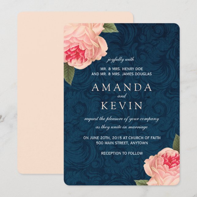 Coral Peonies and Navy Wedding Invitations (Front/Back)