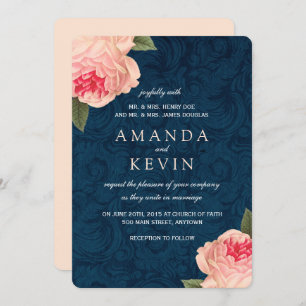 Coral Peonies and Navy Wedding Invitations