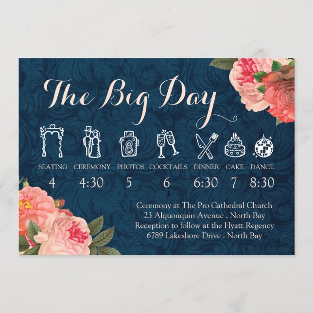 Coral Peonies and Navy Wedding Timeline Program (Front)
