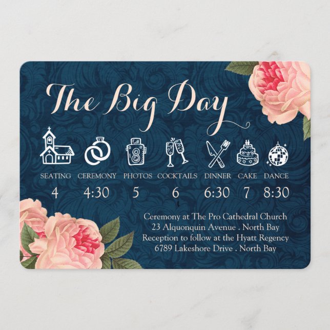 Coral Peonies and Navy Wedding Timeline Program (Front)