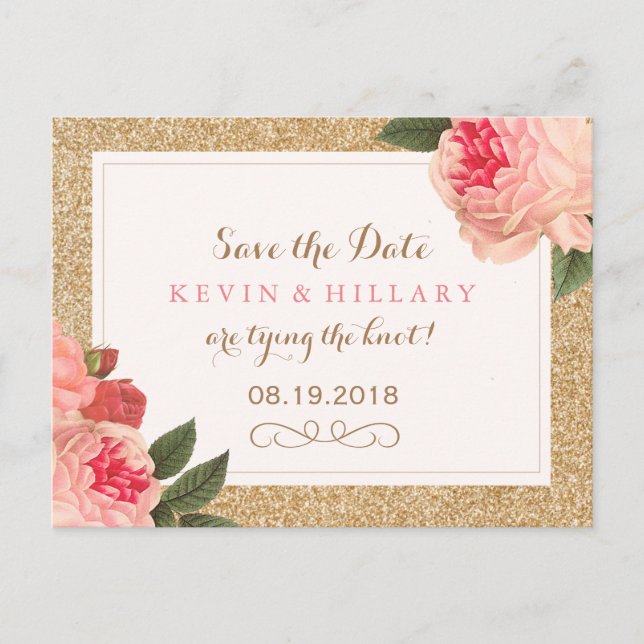 Coral Peonies Save the Date Postcard (Front)
