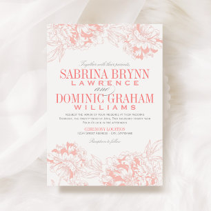 Coral Peony and Gray Frame Wedding Invitation