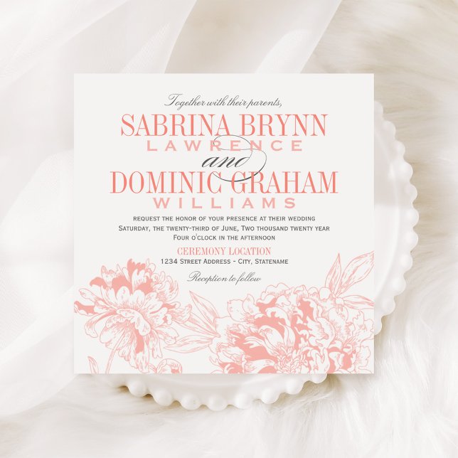 Coral Peony and Gray Wedding Invitation (Creator Uploaded)