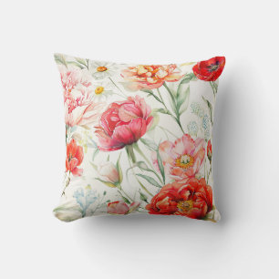 Coral peony flower, white chamomile blossom throw pillow