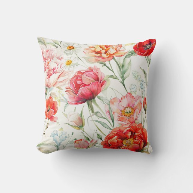 Coral peony flower, white chamomile blossom throw pillow (Front)