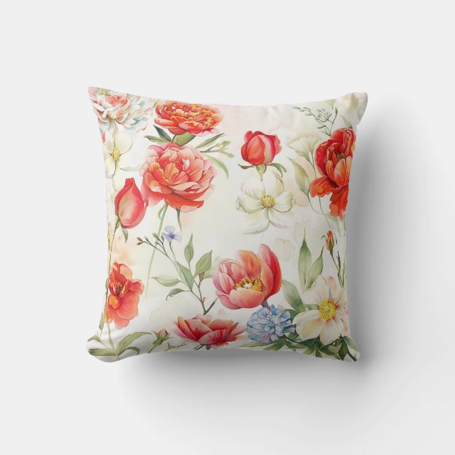 Coral peony flower, white chamomile blossom throw pillow (Front)