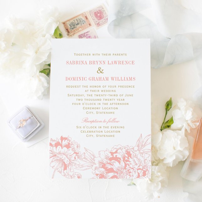 Coral Peony Garden Wedding Invitation (Creator Uploaded)