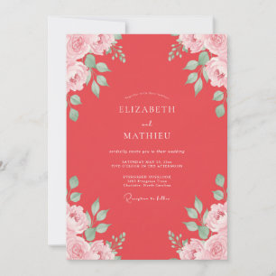 Coral Peony Leafy Wedding Invitation