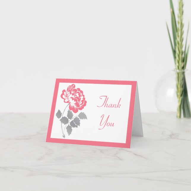 Coral Peony on White with Gray Thank You Card (Front)