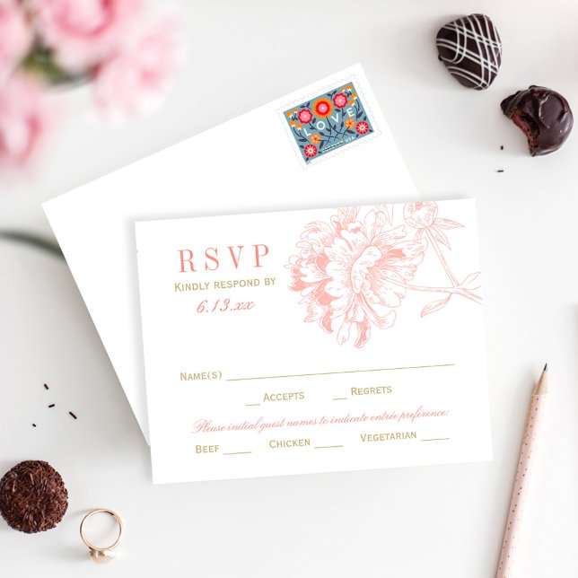 Coral Peony Wedding Reply with Meal RSVP Card (Creator Uploaded)