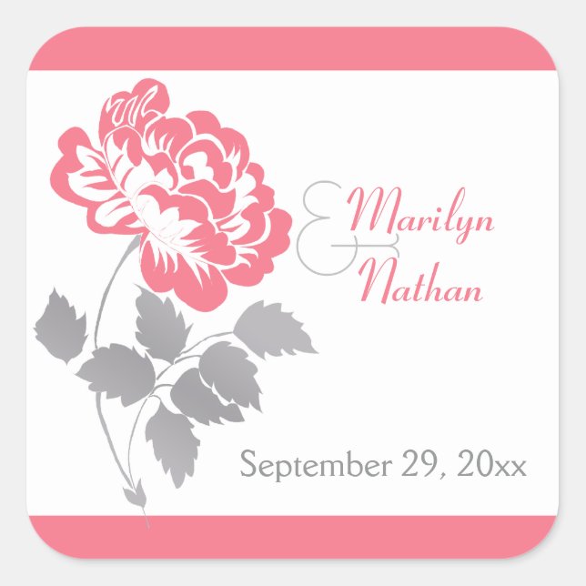 Coral Peony with Gray and White1.5" Sq. Sticker (Front)