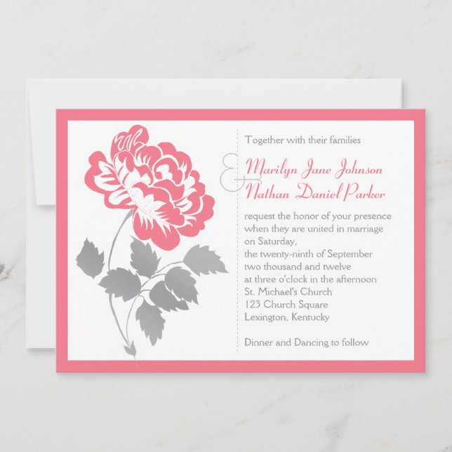 Coral Peony with Gray Wedding Invitation (Front)