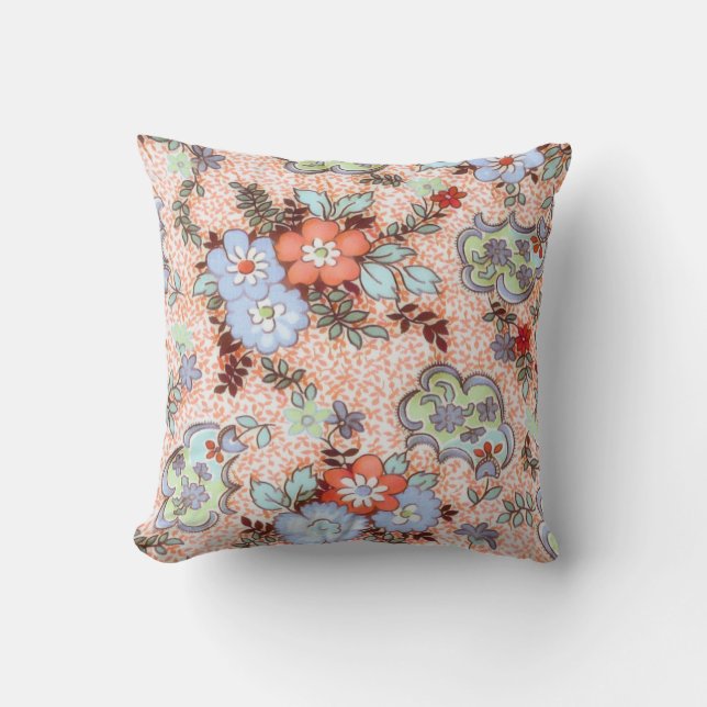 Coral Periwinkle Blue & Green Floral Throw Pillow (Front)