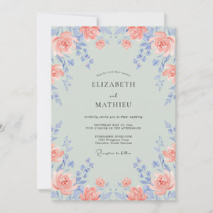 Coral Periwinkle Ranunculus Eucalyptus Wedding Invitation