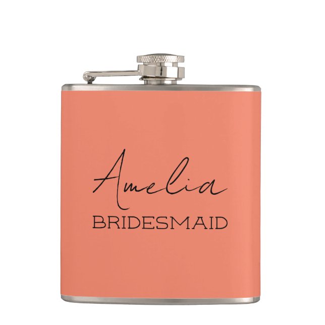 Coral Personalized Bridesmaid Flask (Front)