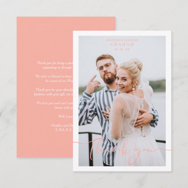 Coral Personalized Photo Wedding Whimsical Script Thank You Card (Front/Back)