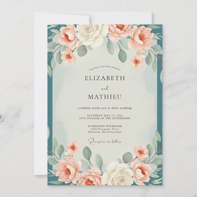Coral Petrol Eucalyptus Wedding Invitation (Front)