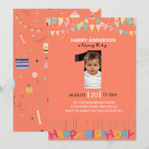 Coral Pink 1st Birthday Photo, Big One Boy Invitation