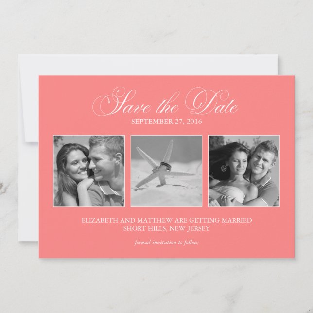Coral Pink 3-Photo Template Wedding Save the Date (Front)