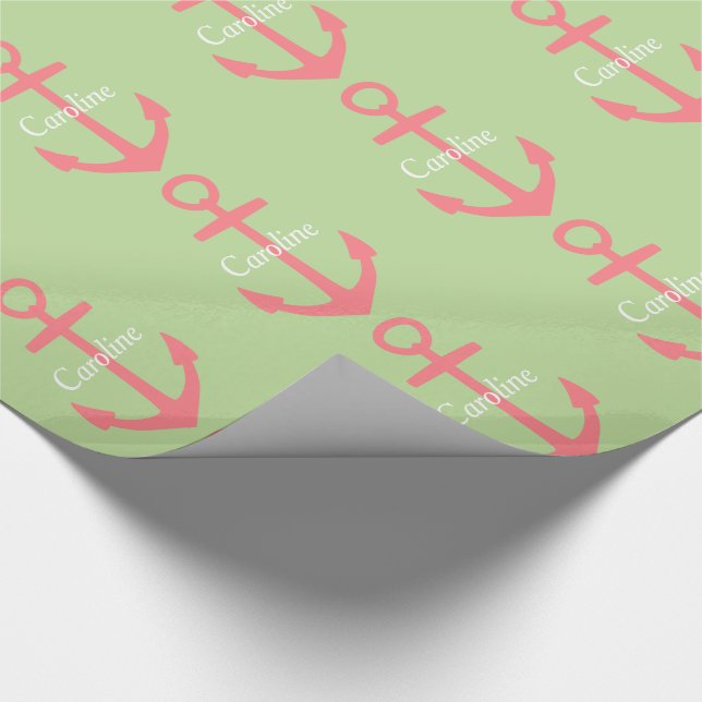 Coral Pink Anchors on Mint Green Personalized Wrapping Paper (Corner)
