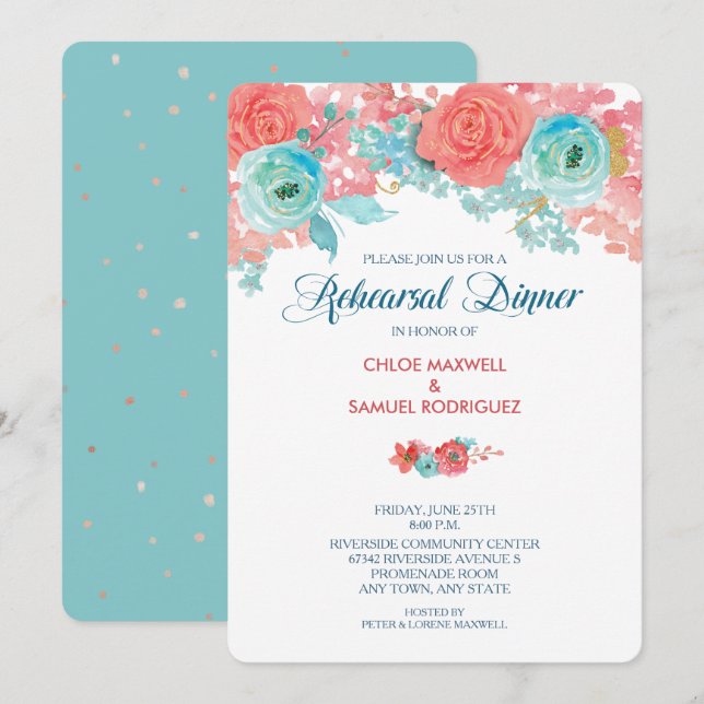 Coral Pink and Aqua Flora Wedding Rehearsal Dinner Invitation (Front/Back)