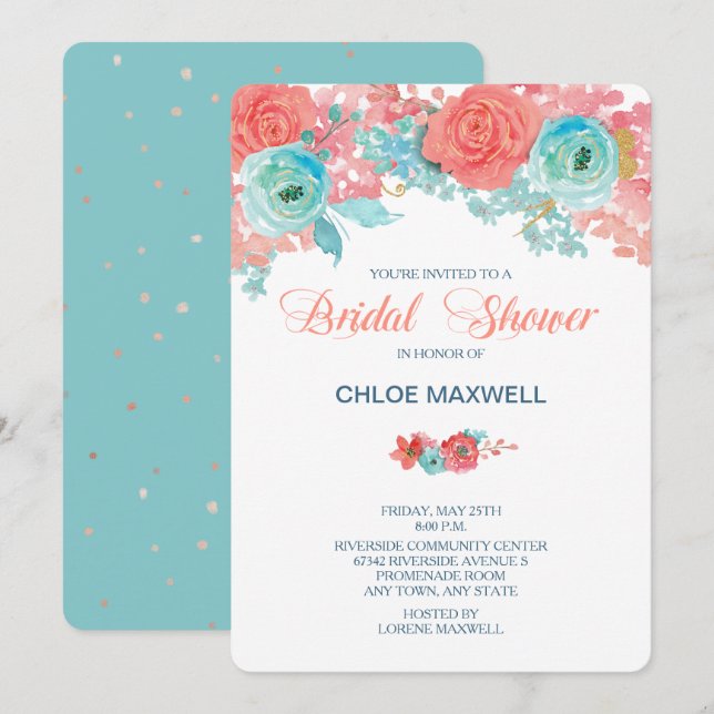 Coral Pink and Aqua Floral Bridal Shower Invite (Front/Back)