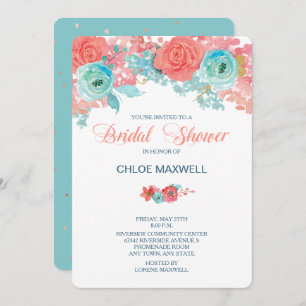 Coral Pink and Aqua Floral Bridal Shower Invite